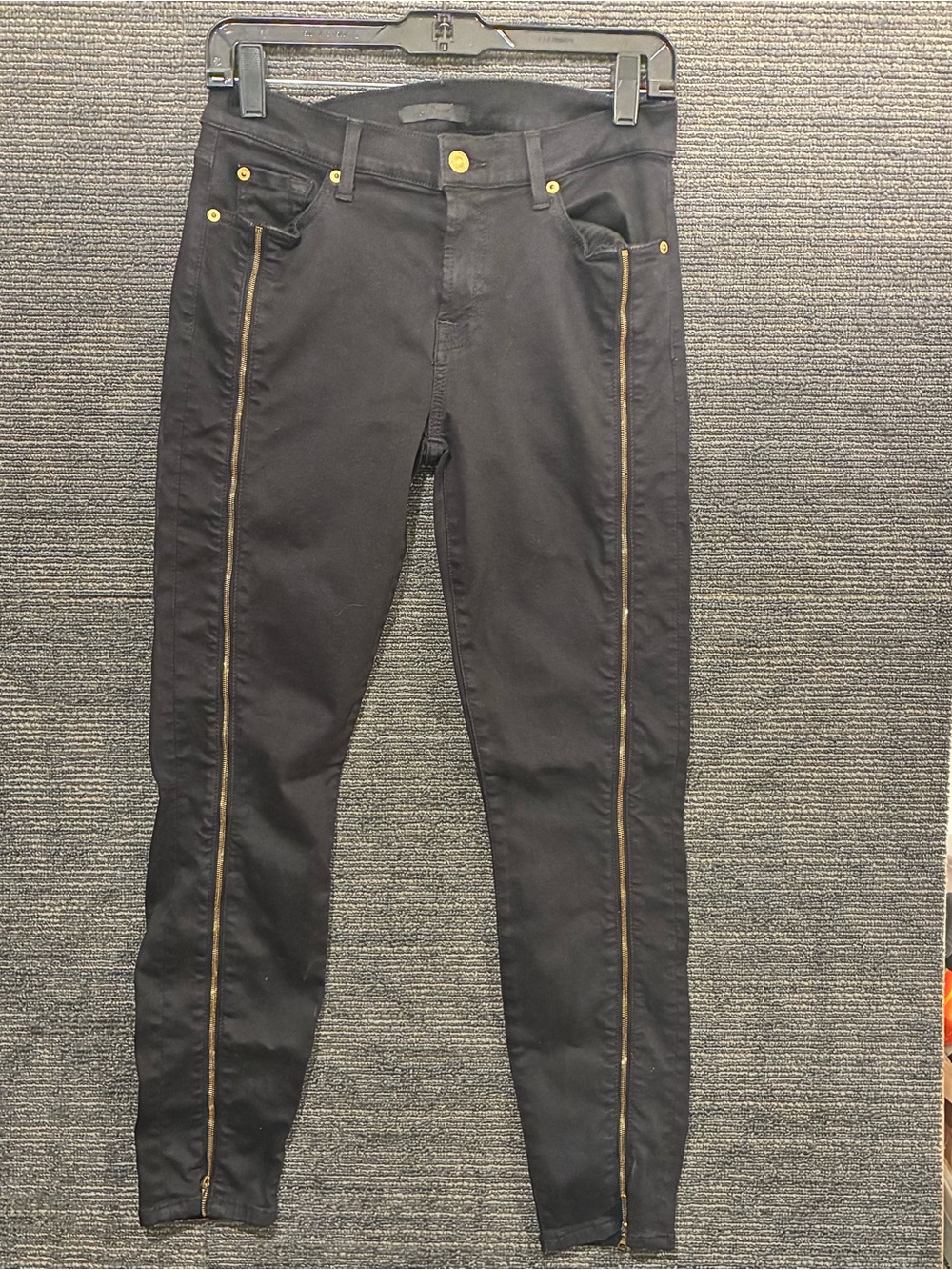 7 For All Mankind Black Moto Skinny Jeans with Gold Trim Zippers Size 29